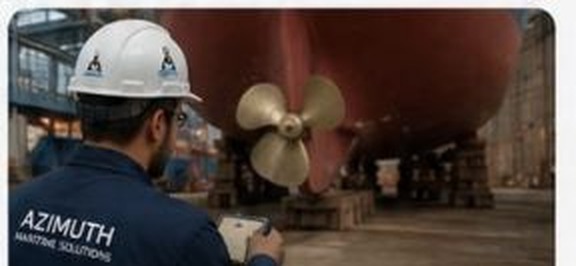 Azimuth technician performing dry dock inspection near propeller